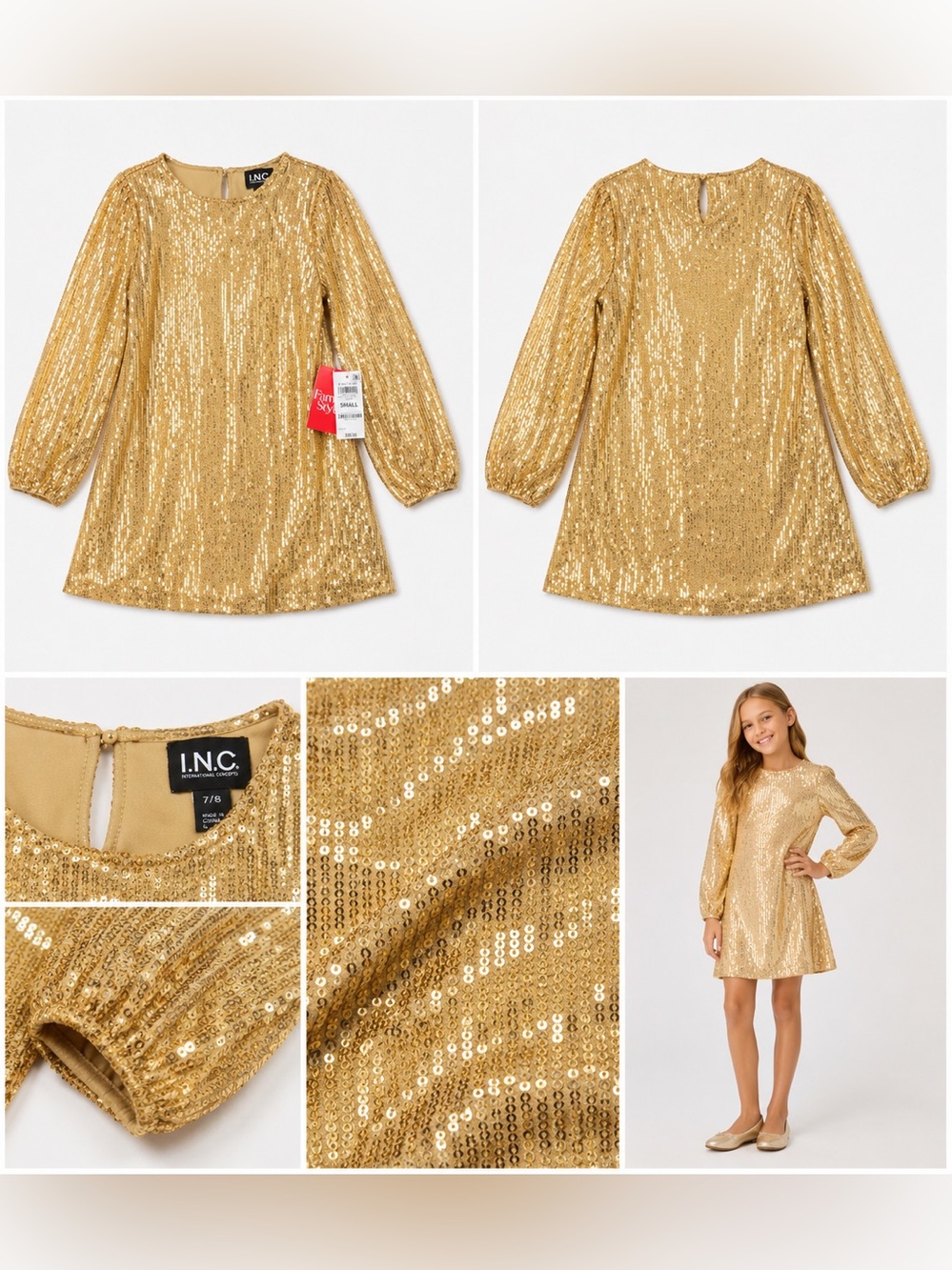 I.N.C. Gold Sequin Dress Girls 7/8 Long Sleeve Holiday Party Shift